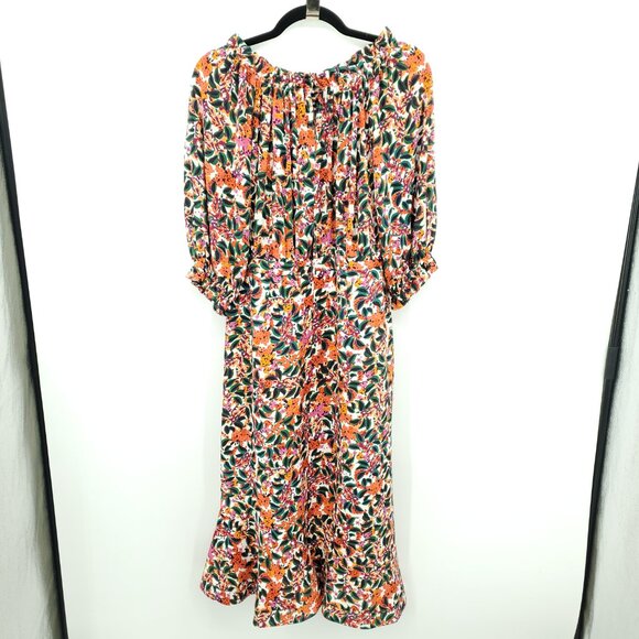 SALONI Floral Grace Silk Tea-Length Off the Shoulder Midi Dress 12 Multi Print - Picture 3 of 16